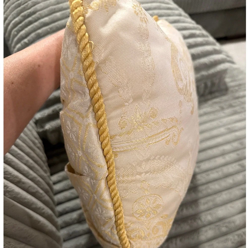 Cream Gold Damask Brocade Tassel Accent Pillow Pleated Front Pocket 14x10